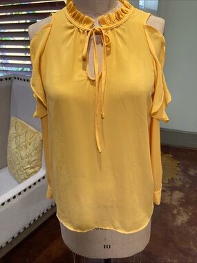 Catherine Malandrino Bright Yellow Cold-Shoulder Tie-Neck Blouse